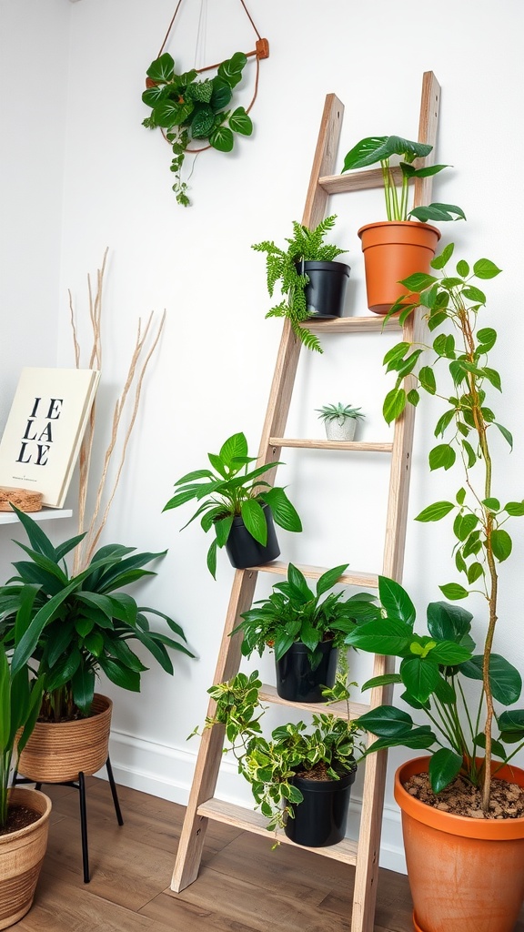 7 Beautiful Plant Corner Ideas For Your Home 8 A wooden ladder displaying various potted plants, including leafy greens and small succulents.