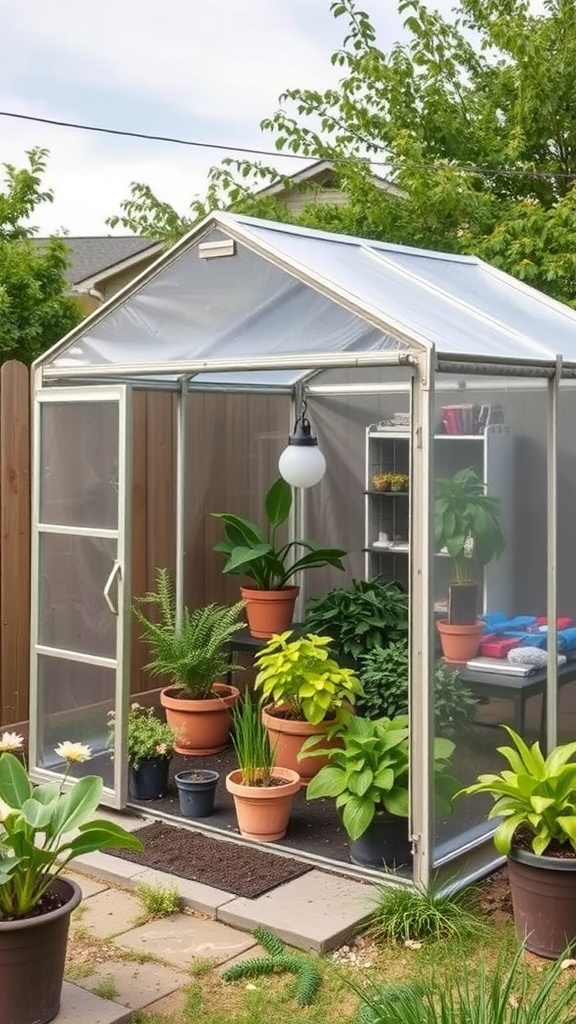 13 Gorgeous Green House Ideas To Grow Your Own Garden 4 A portable greenhouse filled with various plants and pots, showcasing its easy mobility.
