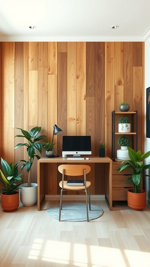 13 Wall Paneling Ideas For A Stylish Home Upgrade 7 A stylish home office featuring reclaimed wood wall paneling and indoor plants.