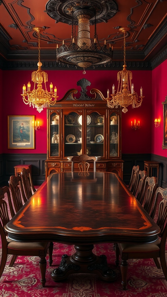13 Beautiful Victorian House Interiors Ideas To Inspire You 3 Richly colored Victorian dining room with ornate chandeliers and a polished table.