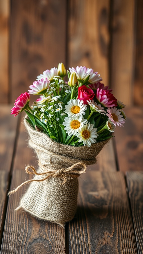 13 Beautiful DIY Bouquet Wrap Ideas To Try 8 A bouquet of colorful flowers wrapped in jute twine, placed on a wooden surface.