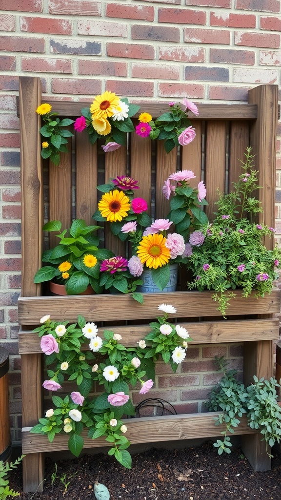 11 Inspiring Plant Wall Ideas To Transform Your Space 7 A rustic wood planter wall filled with colorful flowers and greenery against a brick wall.