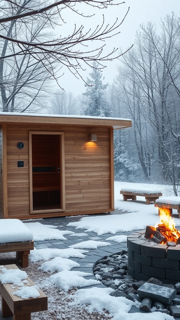 13 Modern Outdoor Sauna Ideas Backyard 12 Outdoor sauna with a fire pit area in a snowy setting