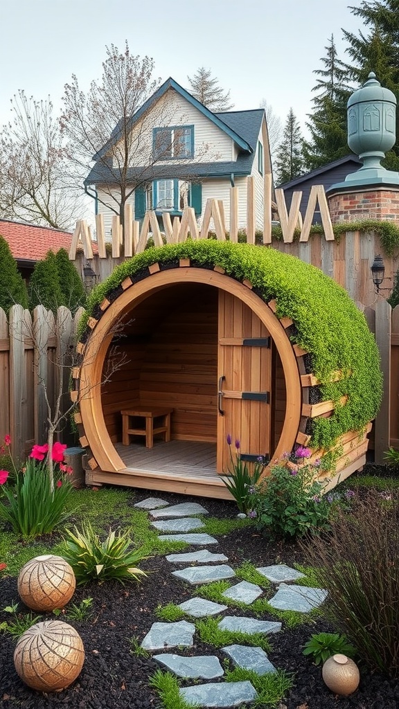 13 Modern Outdoor Sauna Ideas Backyard 3 A wooden sauna with a green roof surrounded by flowers and stones in a backyard.