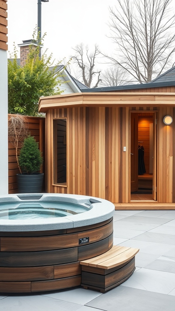 13 Modern Outdoor Sauna Ideas Backyard 5 A modern sauna next to a hot tub in a backyard setting.