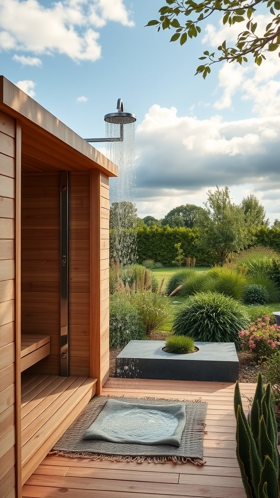 13 Modern Outdoor Sauna Ideas Backyard 7 A modern sauna with an outdoor shower surrounded by lush greenery