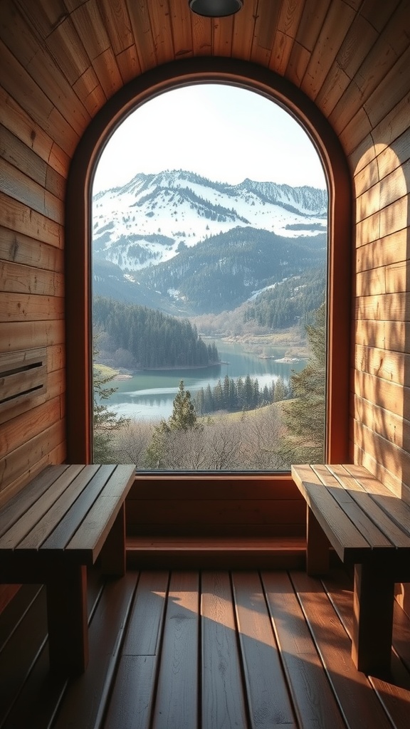 13 Modern Outdoor Sauna Ideas Backyard 10 Interior view of a sauna with a large window showcasing scenic mountain views.