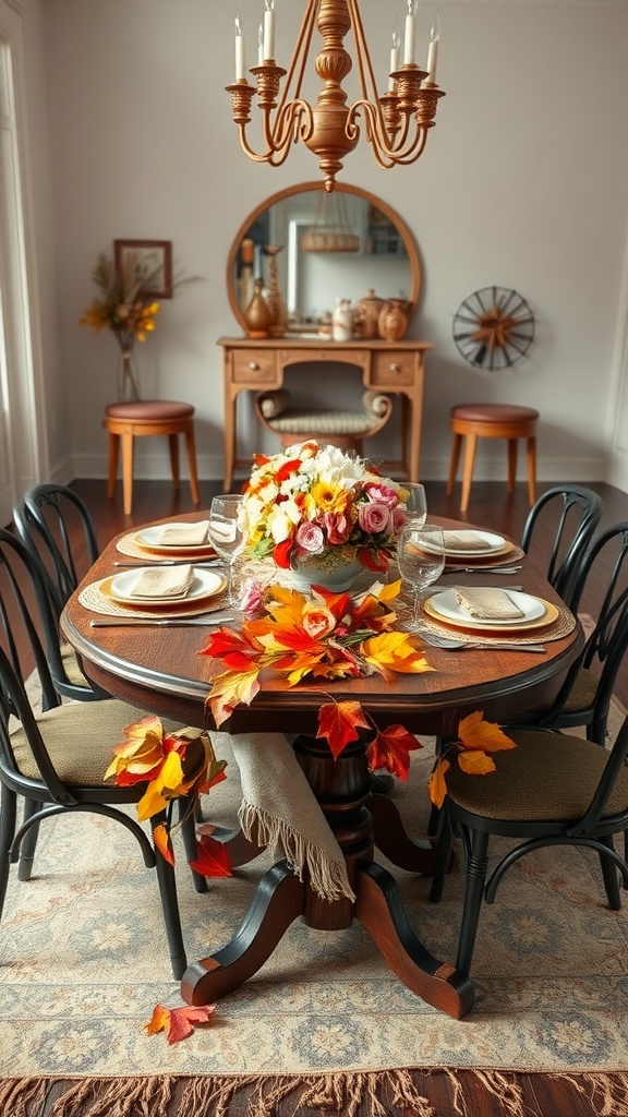 13 Modern Dining Table Decor Ideas For A Stylish And Inviting Look 2 A beautifully set dining table with fall decorations, featuring a floral centerpiece and autumn leaves.