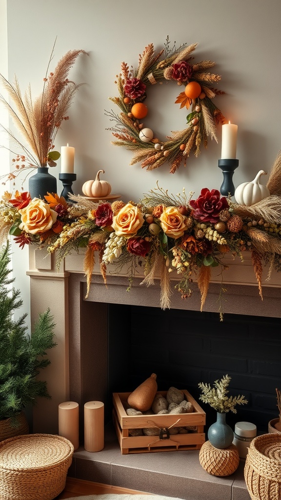 13 Creative Arreglos Florales DIY Ideas You’Ll Want To Try 9 A cozy fireplace adorned with a seasonal garland of dried flowers and decorative elements.