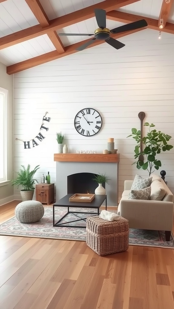 13 Wall Paneling Ideas For A Stylish Home Upgrade 5 A cozy living room featuring shiplap wall panels, a fireplace, and stylish decor.