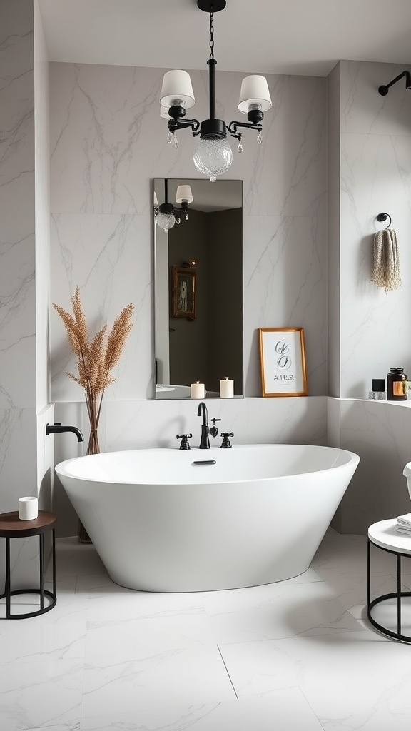 13 Bathroom Ideas Decor For A Chic And Refreshing Space 5 A sleek freestanding bathtub in a modern bathroom setting.