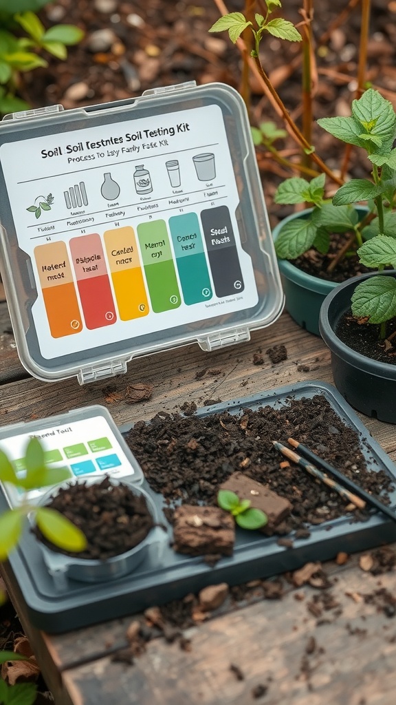 9 Essential Steps To Successful Garden Planning 7 Soil testing kit with soil samples and tools on a wooden table, surrounded by potted plants.