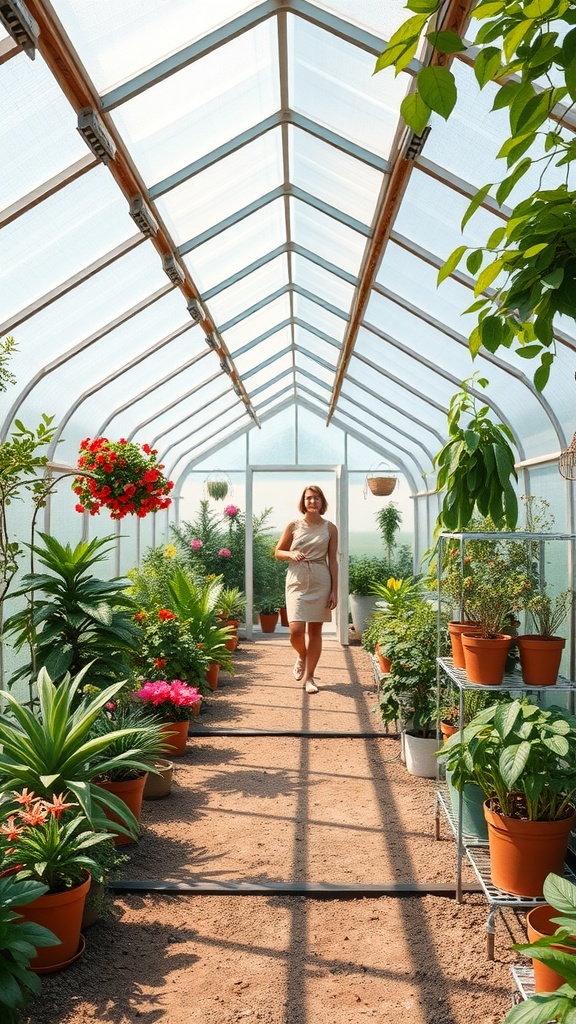 13 Gorgeous Green House Ideas To Grow Your Own Garden 12 Interior of a solar-powered greenhouse filled with various plants and flowers.
