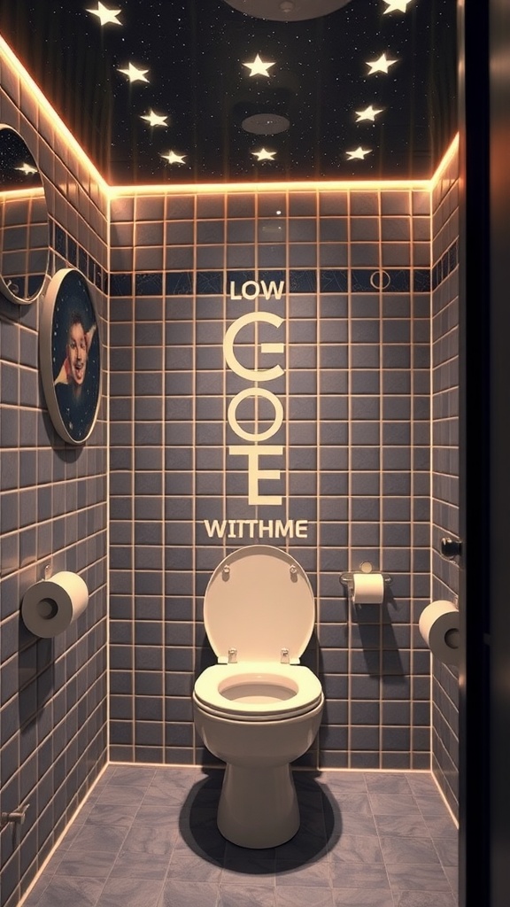 7 Fun Toca Boca Bathroom Ideas For Kids 6 A bathroom designed in a space explorer theme, featuring blue tiles, starry ceiling lights, and playful decor elements.