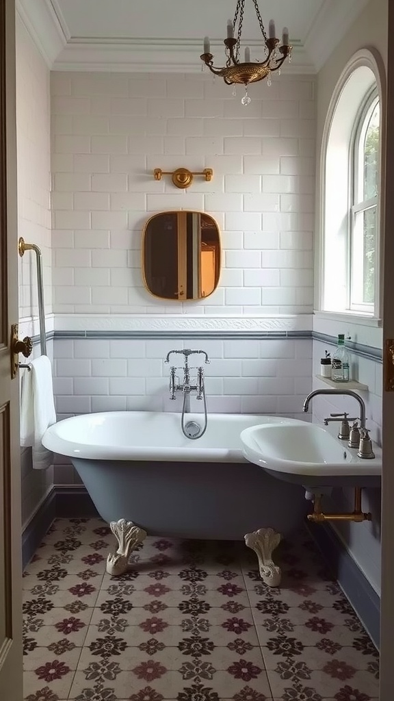 13 Beautiful Victorian House Interiors Ideas To Inspire You 12 Stylish bathroom featuring a clawfoot tub, patterned tiles, and elegant lighting.