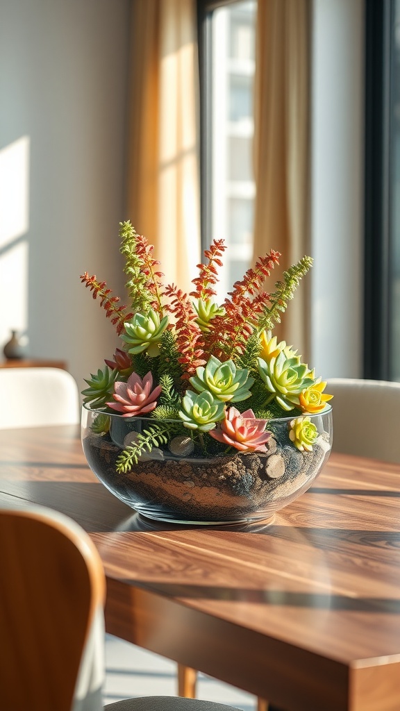 13 Creative Arreglos Florales DIY Ideas You’Ll Want To Try 5 A beautiful succulent terrarium centerpiece featuring various colorful succulents in a glass bowl.
