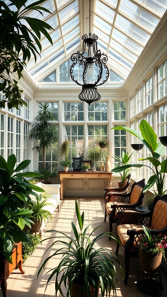 13 Beautiful Victorian House Interiors Ideas To Inspire You 11 A bright and airy conservatory with a chandelier, surrounded by various plants and comfortable seating.