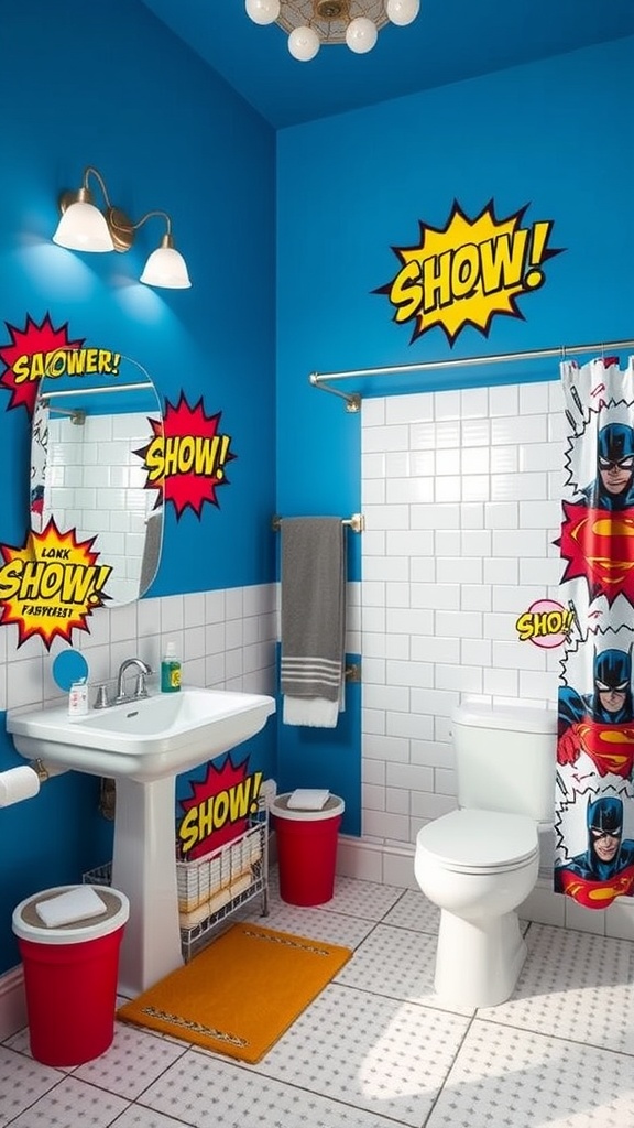 7 Fun Toca Boca Bathroom Ideas For Kids 7 A colorful bathroom designed with superhero themes, featuring bright blue walls, comic-style decorations, and a superhero shower curtain.