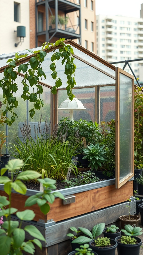 13 Gorgeous Green House Ideas To Grow Your Own Garden 8 A sustainable mini greenhouse filled with various plants, showcasing a blend of greenery in an urban setting.