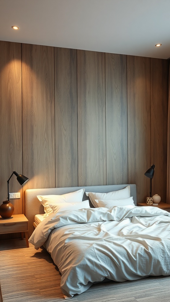 13 Wall Paneling Ideas For A Stylish Home Upgrade 14 A stylish bedroom featuring textured wood paneling on the wall with a cozy bed and bedside lamps.