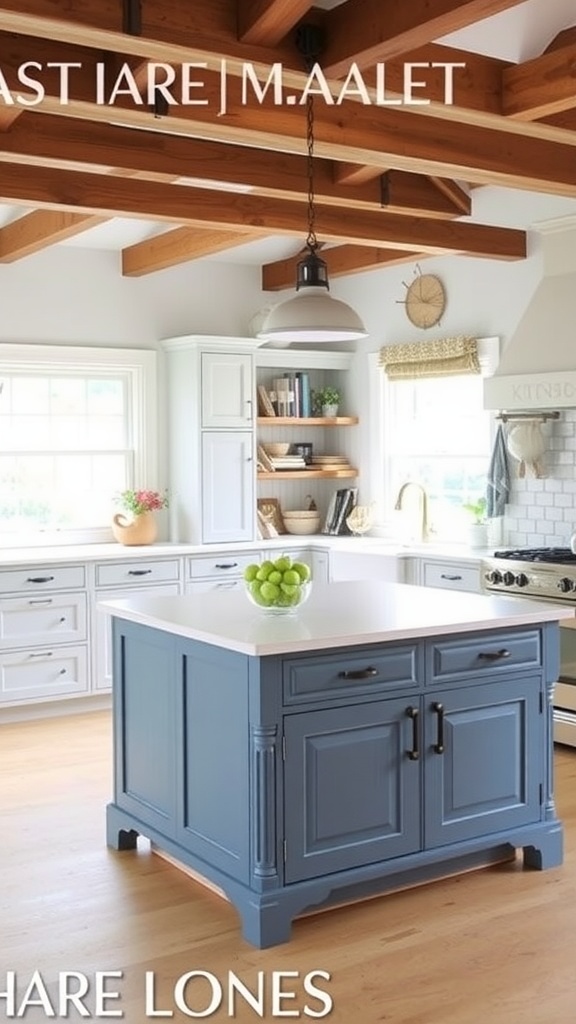 A farmhouse kitchen featuring a two-tone painted island in blue with a light countertop.