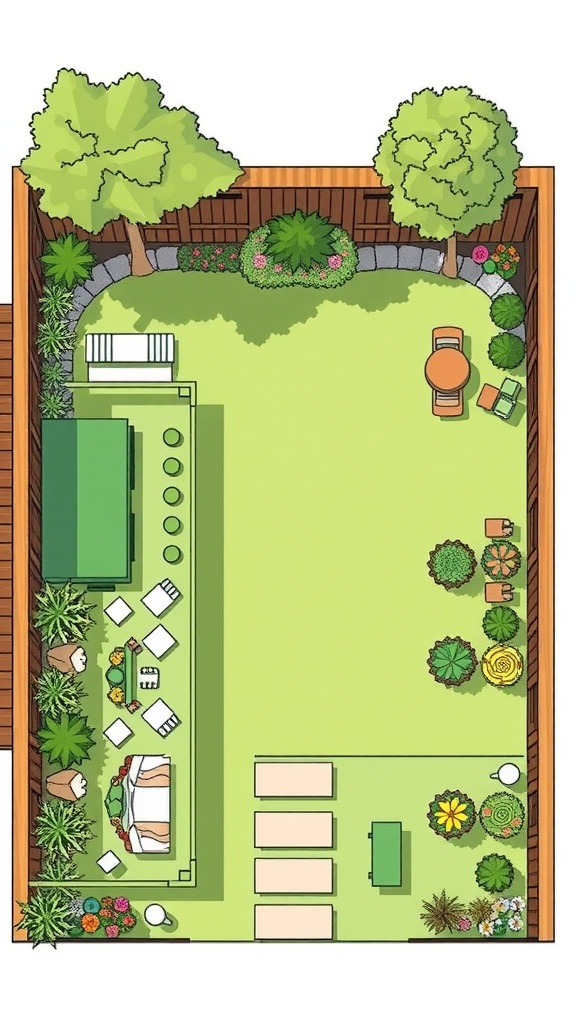 9 Essential Steps To Successful Garden Planning 3 A well-planned garden layout showing different plants and furniture arrangements.