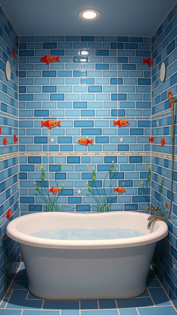 7 Fun Toca Boca Bathroom Ideas For Kids 8 A vibrant bathroom with blue tiled walls decorated with fish, featuring a white freestanding bathtub filled with water.