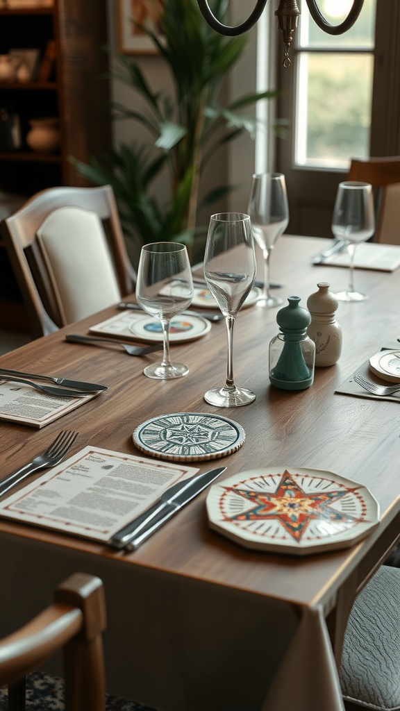 13 Modern Dining Table Decor Ideas For A Stylish And Inviting Look 8 A beautifully set dining table featuring unique plates, glasses, and table accessories.