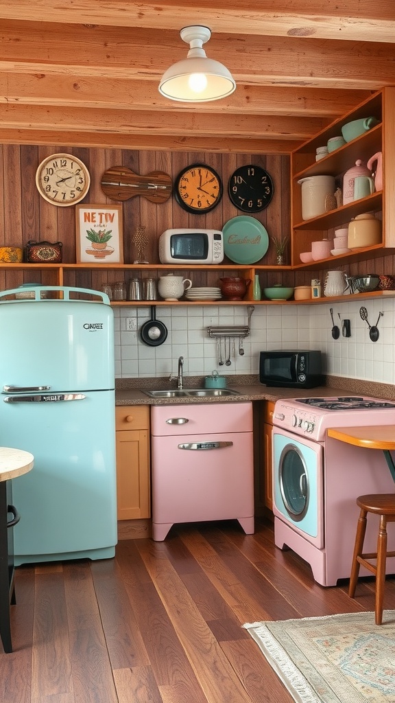 A cozy kitchen featuring vintage-inspired appliances in pastel blue and pink.