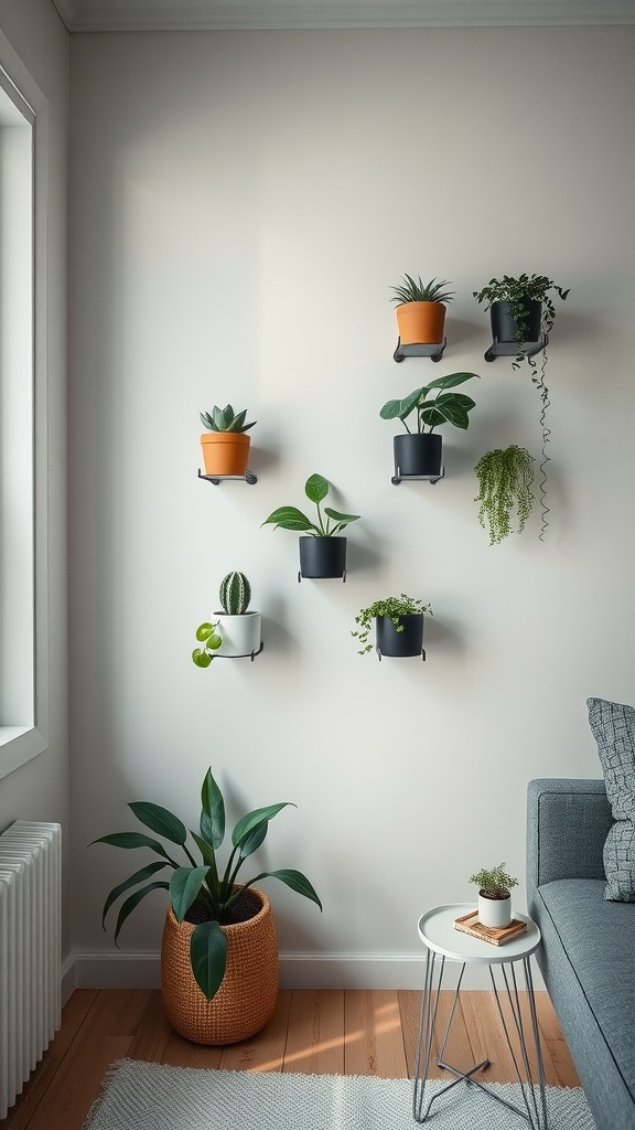 11 Inspiring Plant Wall Ideas To Transform Your Space 4 A stylish arrangement of wall-mounted planters with various plants in different pots.