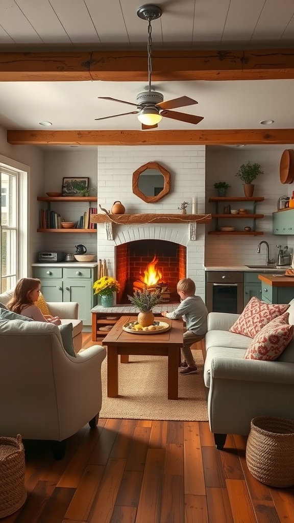 Cozy farm kitchen with a fireplace, wooden furniture, and family gathering area.