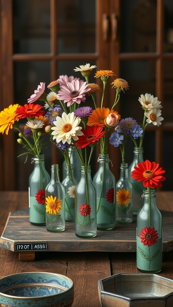 13 Creative Arreglos Florales DIY Ideas You’Ll Want To Try 6 A collection of decorated glass bottles filled with colorful flowers on a wooden table.