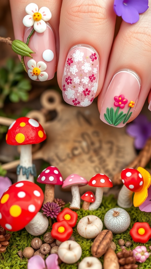 7 Magical Fairy Garden Nail Designs For Spring 4 Nail design featuring whimsical mushroom dots and floral elements.