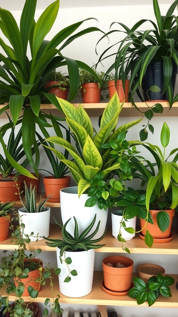 9 Gorgeous ZZ Plant Ideas For Your Space 10 A collection of houseplants on wooden shelves, featuring a prominent ZZ plant among others.