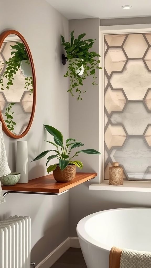 9 Gorgeous ZZ Plant Ideas For Your Space 7 A stylish bathroom featuring a ZZ plant on a wooden shelf and a hanging planter above, complemented by modern decor.