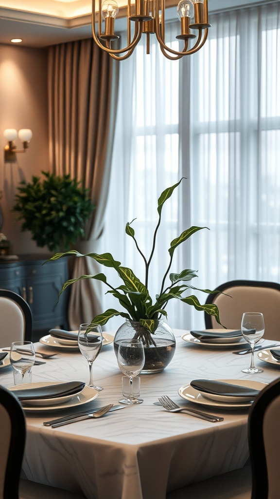 9 Gorgeous ZZ Plant Ideas For Your Space 8 A dining room table elegantly set with a ZZ plant centerpiece, surrounded by glassware and chic dinnerware.