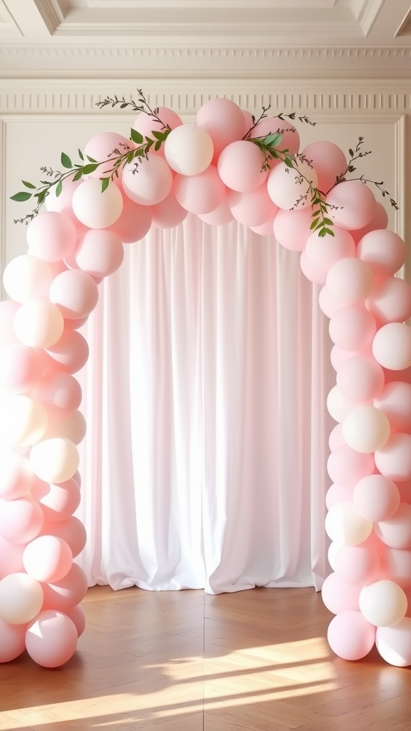 A dreamy pink and white balloon arch adorned with greenery, creating a festive atmosphere.