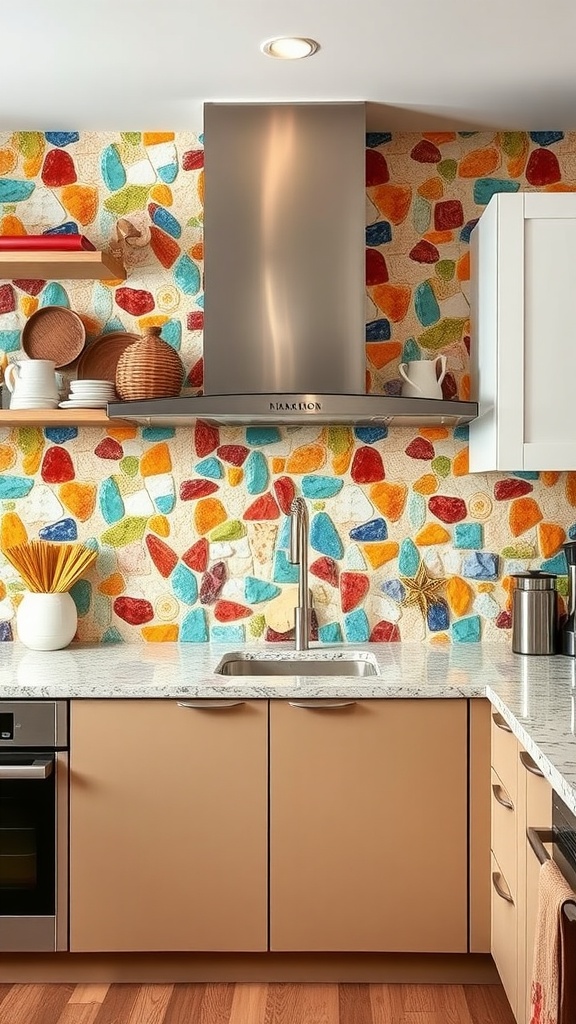A colorful natural stone mosaic backsplash in a modern kitchen