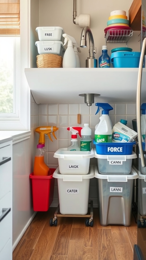 Organized under-sink storage with labeled bins and cleaning supplies.