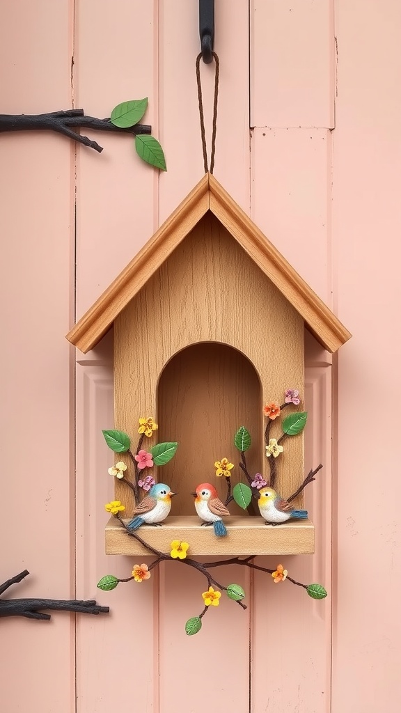 A whimsical birdhouse display with colorful birds and flowers, hanging on a pink background