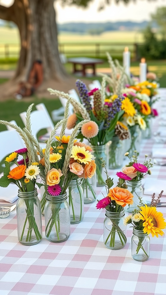 Beautiful wildflower arrangements in mason jars on a table with a pink gingham tablecloth.